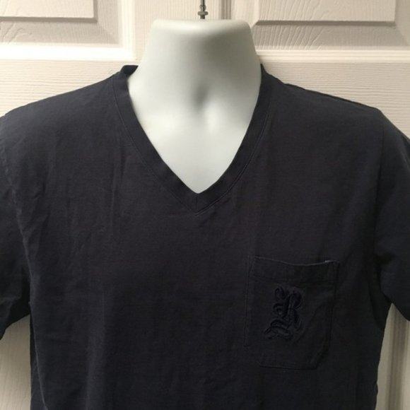 ROCHAS Paris Navy Blue V-neck Embroidered Pocket Short Sleeve Shirt - Picture 3 of 8